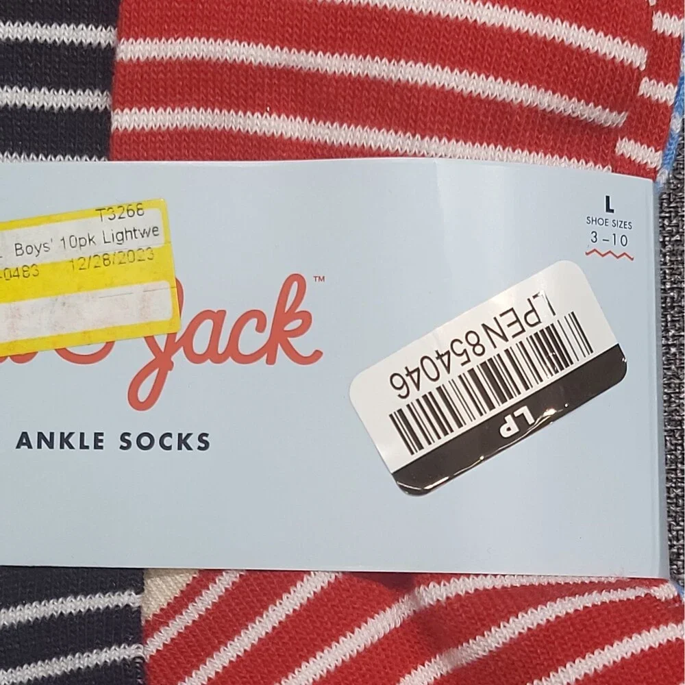 Cat & Jack Boys' 10pk Lightweight Striped Ankle Socks Size Large 3-10